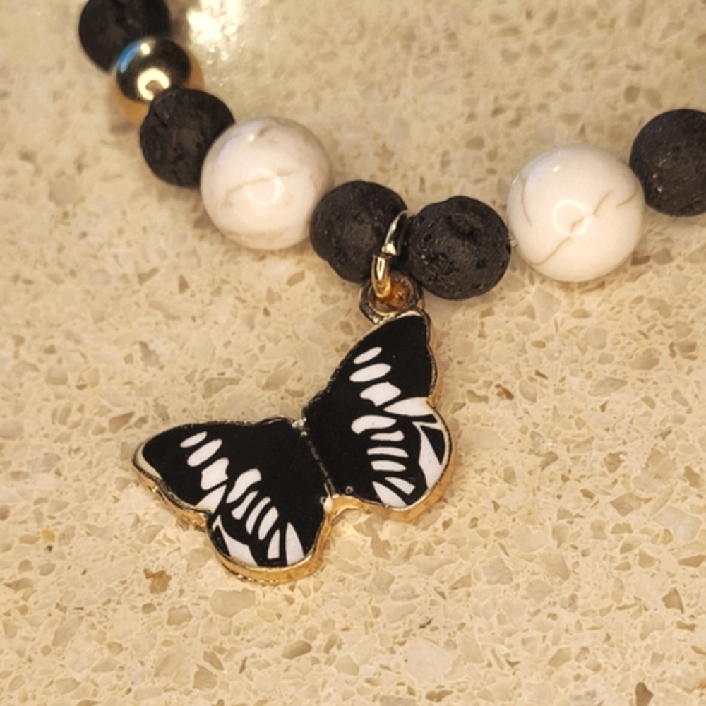 🤍3/$30 Howlite Stone Butterfly Lava Bead Handmade Bracelet - Picture 3 of 5